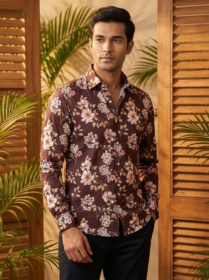Marron Flower Printed Full Sleeve Shirt