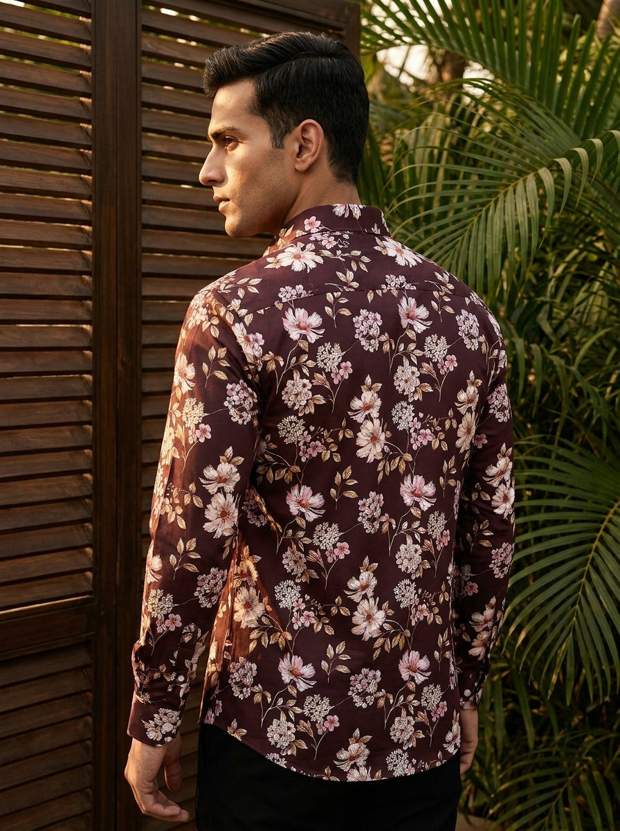 Marron Flower Printed Full Sleeve Shirt