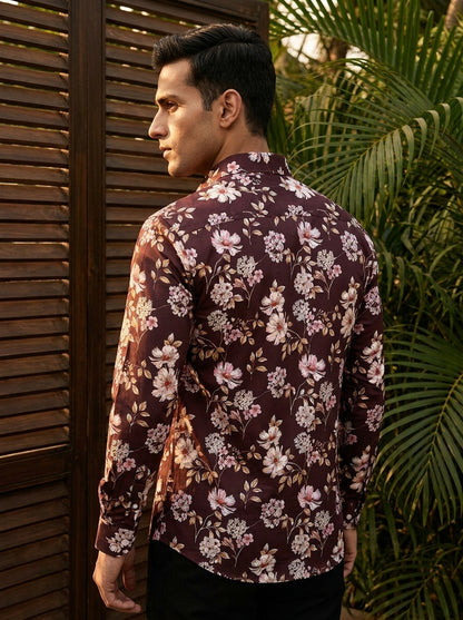 Marron Flower Printed Full Sleeve Shirt
