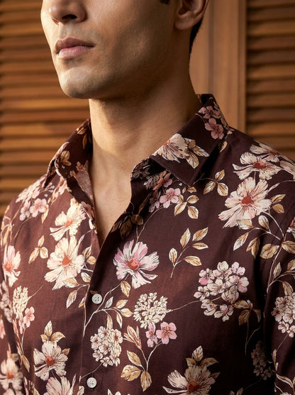 Marron Flower Printed Full Sleeve Shirt