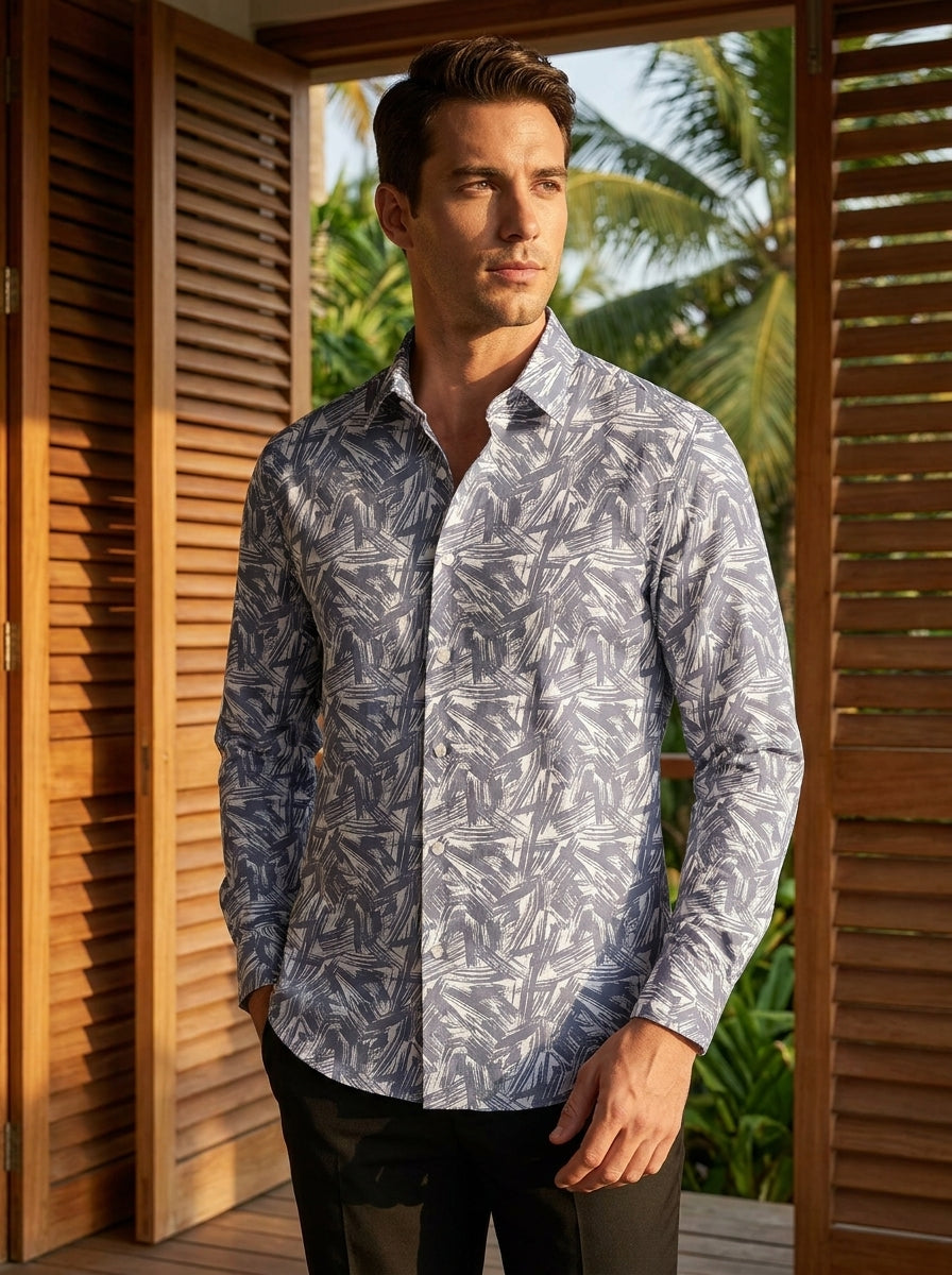 Grey Abstract Printed Full Sleeve Shirt