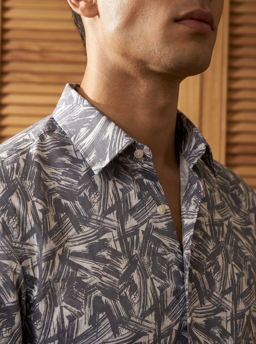 Grey Abstract Printed Full Sleeve Shirt