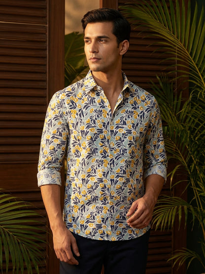 Green Flower Printed Full Sleeve Shirt