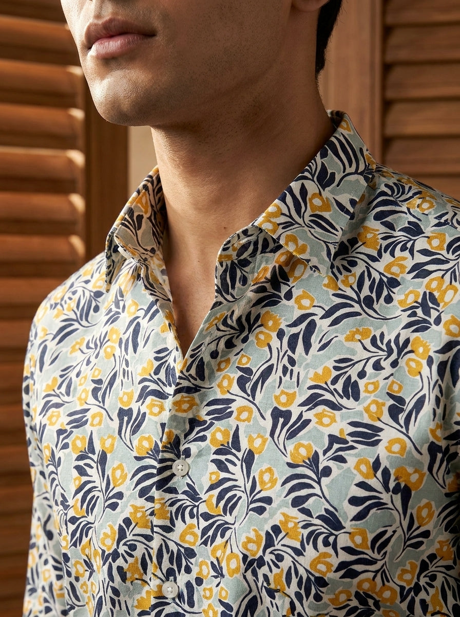 Green Flower Printed Full Sleeve Shirt