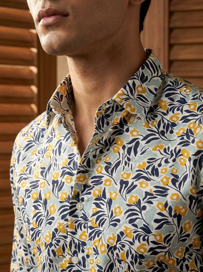 Green Flower Printed Full Sleeve Shirt