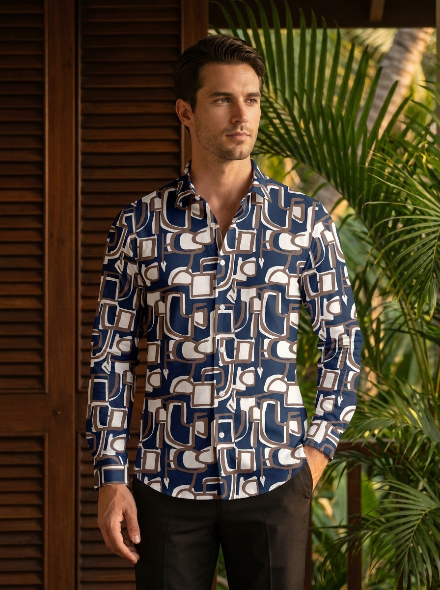 Navy Blue Abstract Printed Full Sleeve Shirt