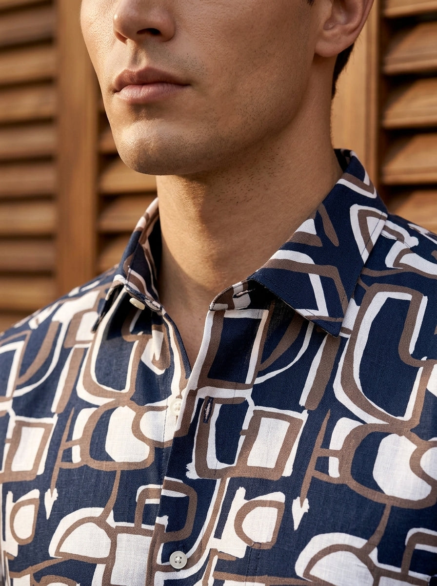 Navy Blue Abstract Printed Full Sleeve Shirt