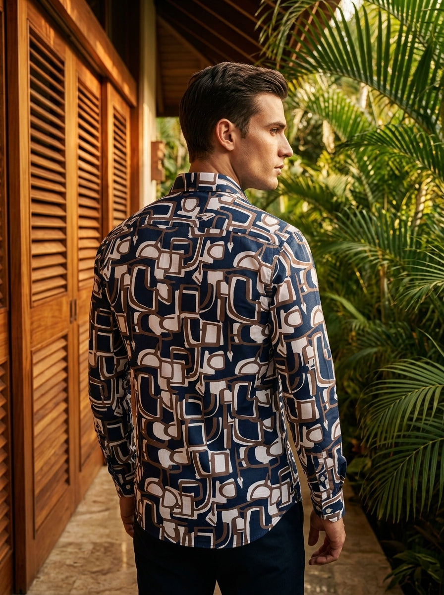 Navy Blue Abstract Printed Full Sleeve Shirt