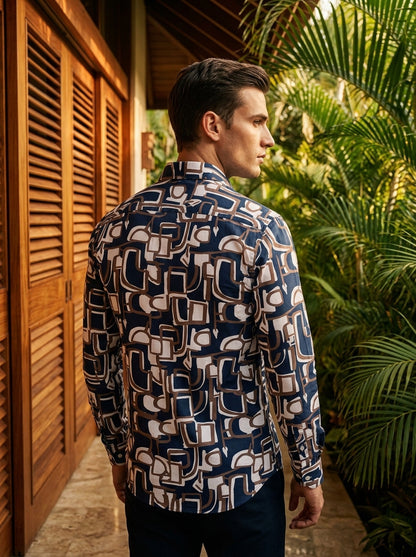 Navy Blue Abstract Printed Full Sleeve Shirt