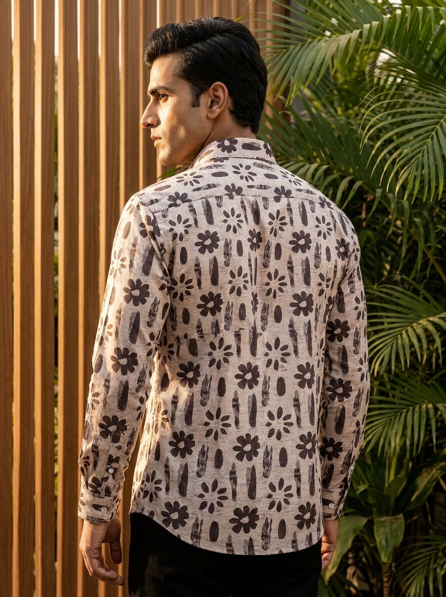 Brown Flower Printed Full Sleeve Shirt