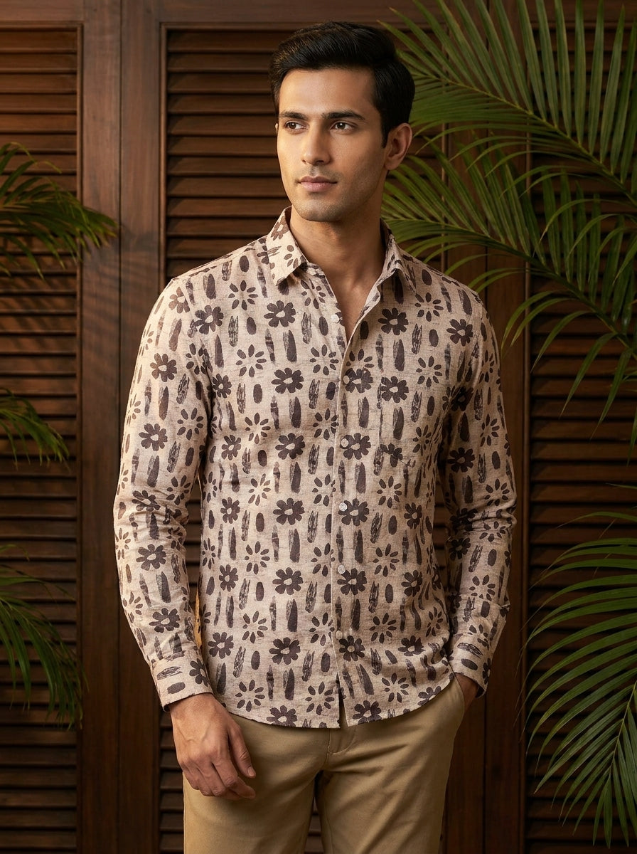 Brown Flower Printed Full Sleeve Shirt