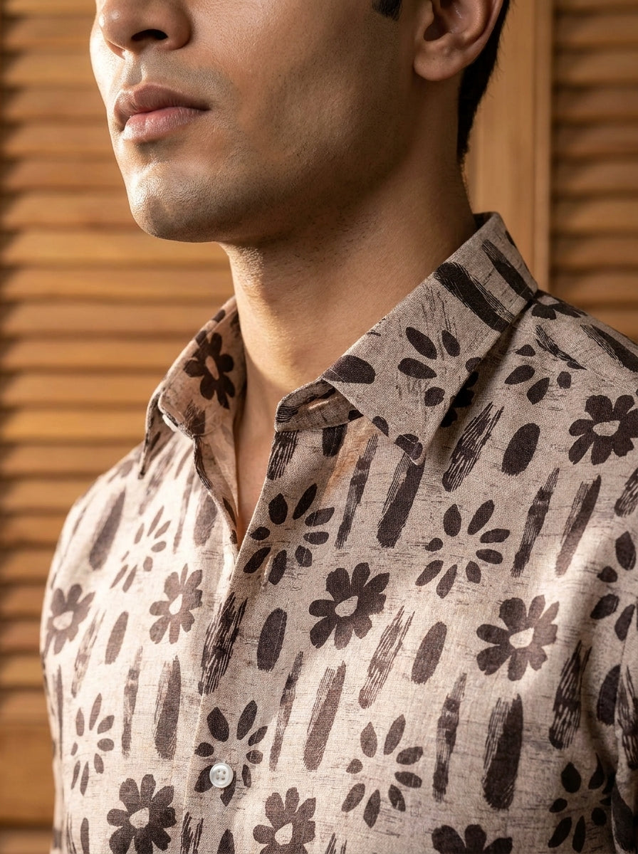 Brown Flower Printed Full Sleeve Shirt