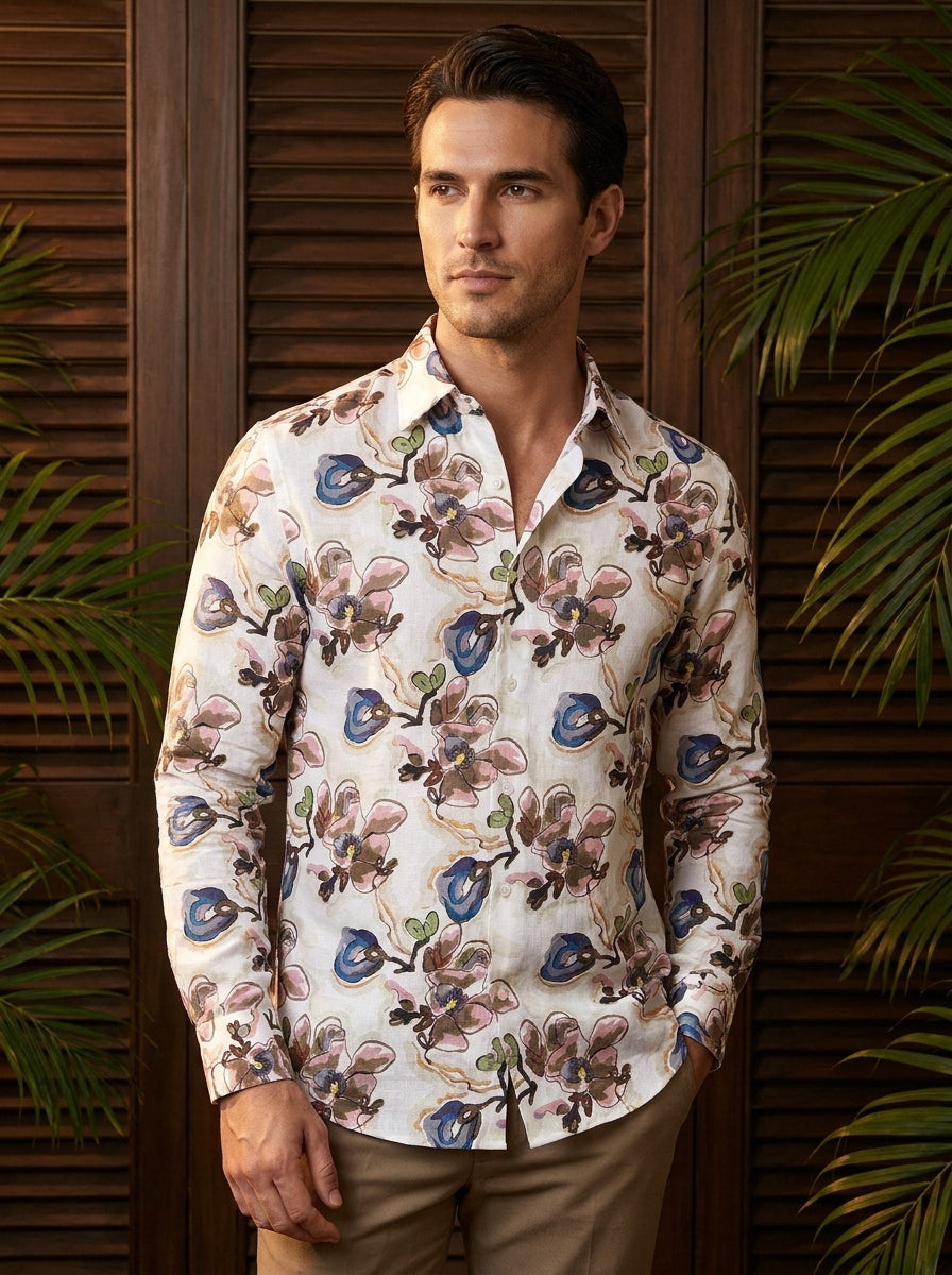 White Flower Printed Full Sleeve Shirt