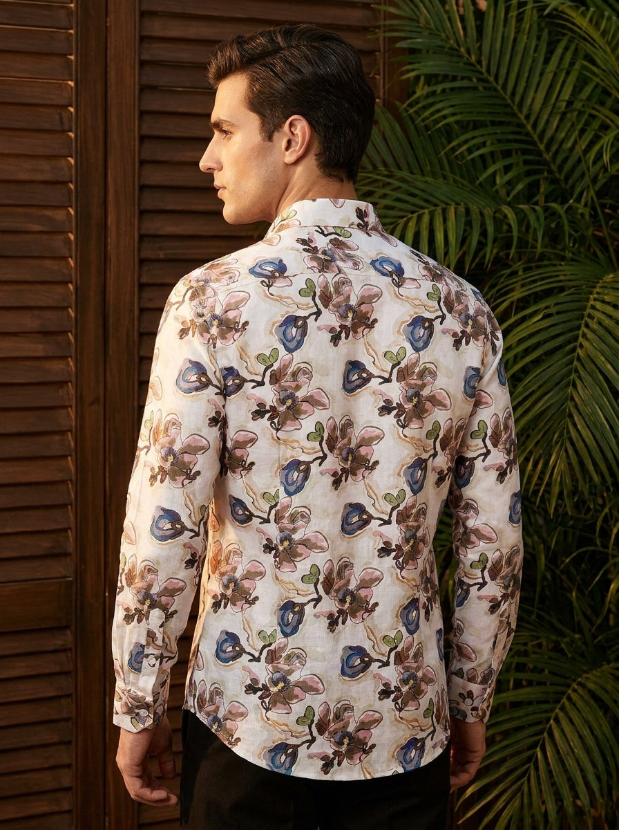 White Flower Printed Full Sleeve Shirt