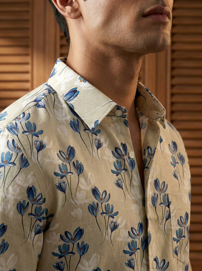 Cream Flower Printed Full Sleeve Shirt