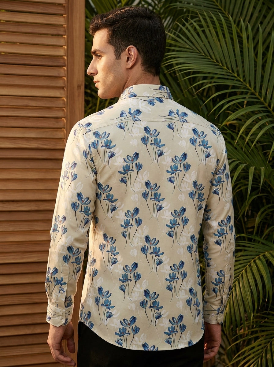 Cream Flower Printed Full Sleeve Shirt
