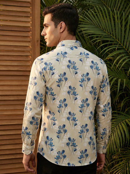Cream Flower Printed Full Sleeve Shirt