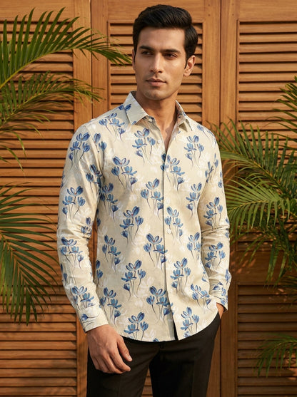 Cream Flower Printed Full Sleeve Shirt