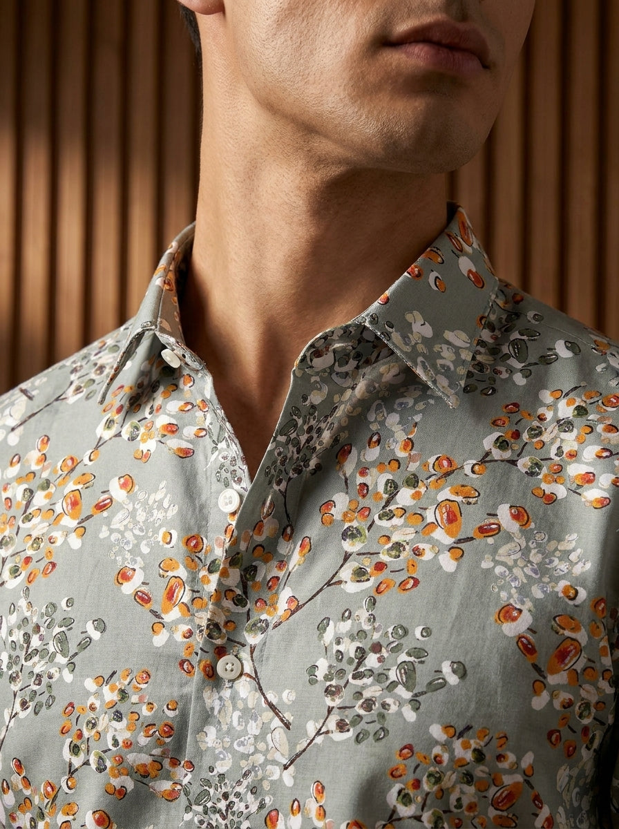 Grey Flower Printed Full Sleeve Shirt