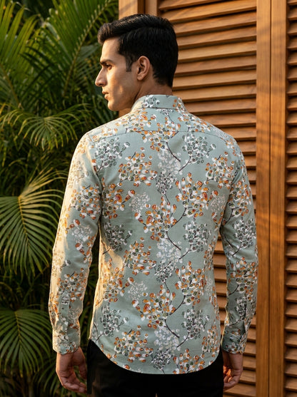 Grey Flower Printed Full Sleeve Shirt