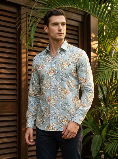 Grey Flower Printed Full Sleeve Shirt