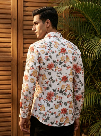 White Flower Printed Full Sleeve Shirt