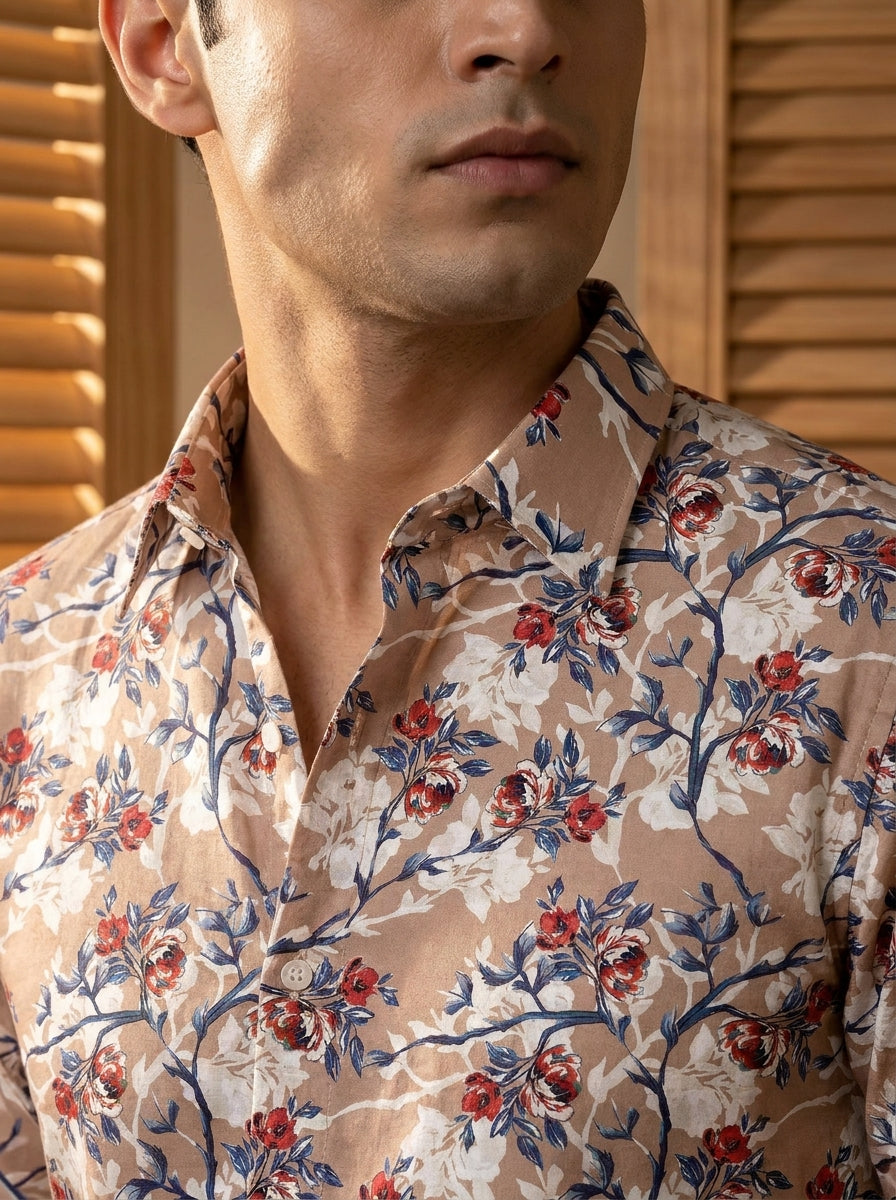 Brown Flower Printed Full Sleeve Shirt