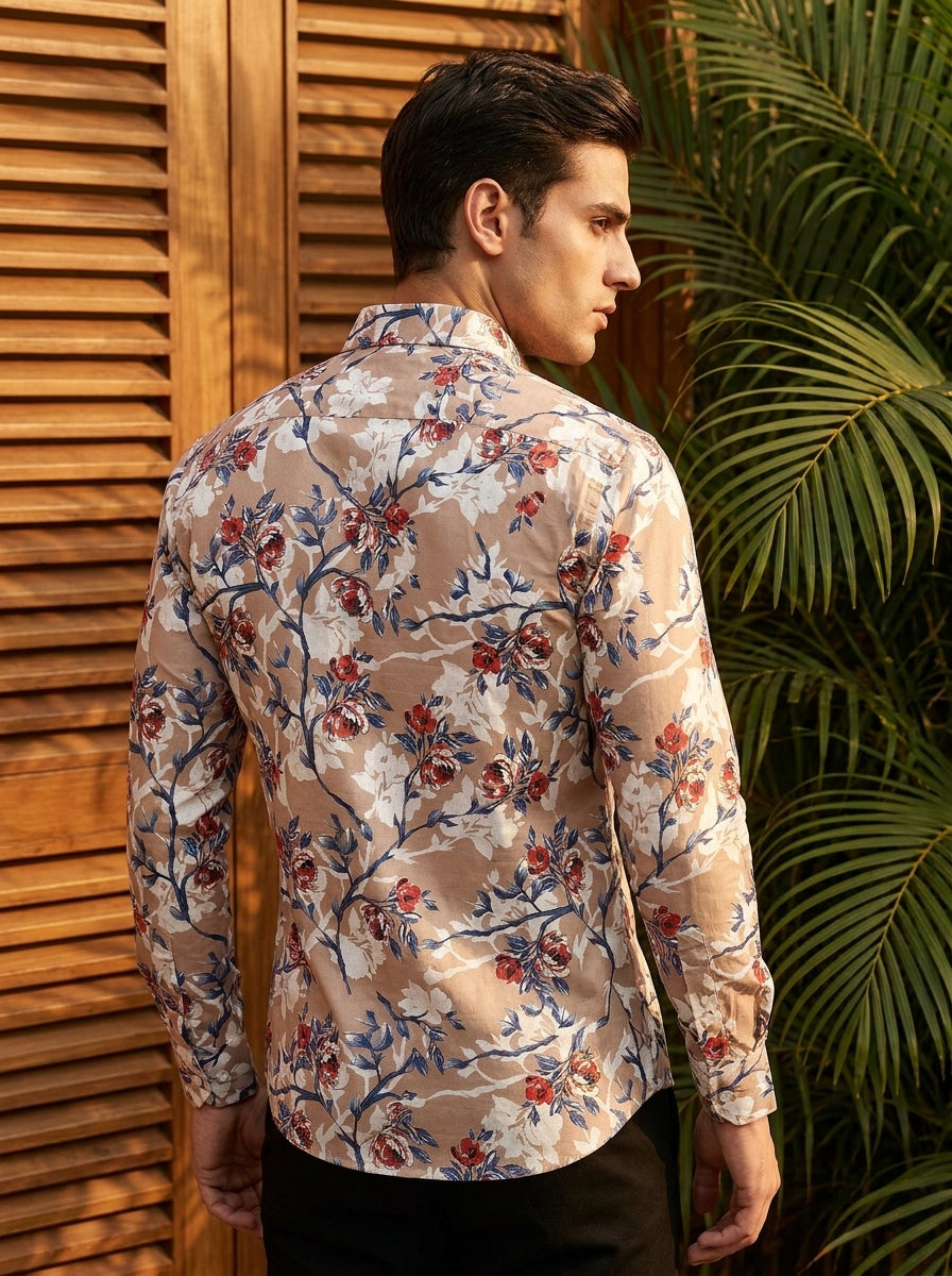Brown Flower Printed Full Sleeve Shirt