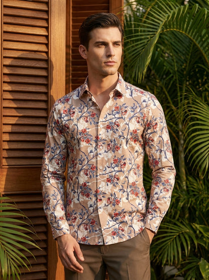 Brown Flower Printed Full Sleeve Shirt