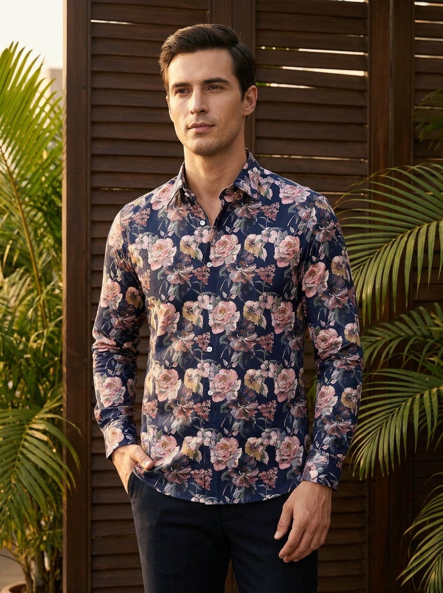 Navy Blue Printed Full Sleeve Shirt