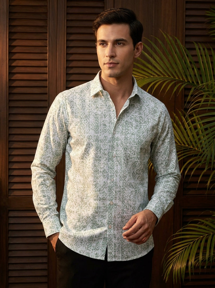 Green Abstract Printed Full Sleeve Shirt