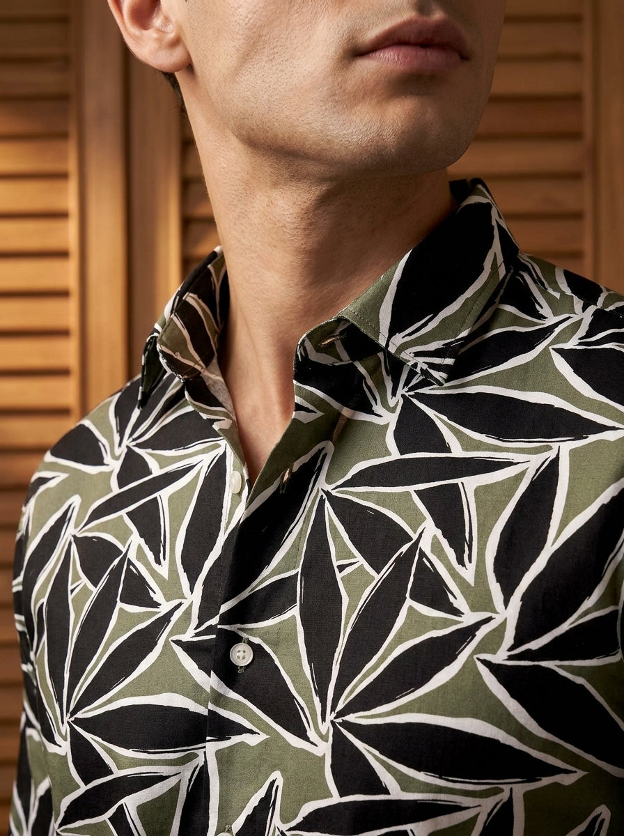 Black And Green Leaf  Printed Full Sleeve Shirt