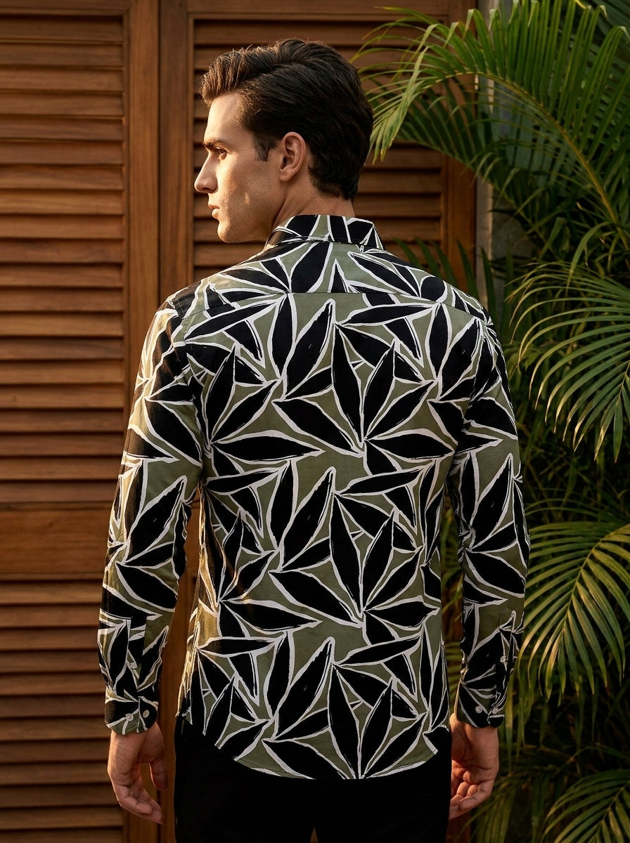 Black And Green Leaf  Printed Full Sleeve Shirt