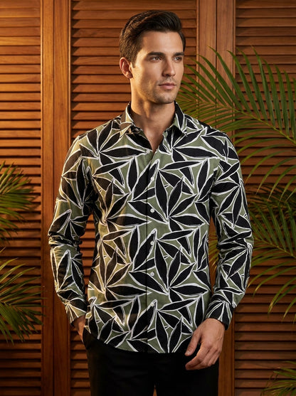 Black And Green Leaf  Printed Full Sleeve Shirt