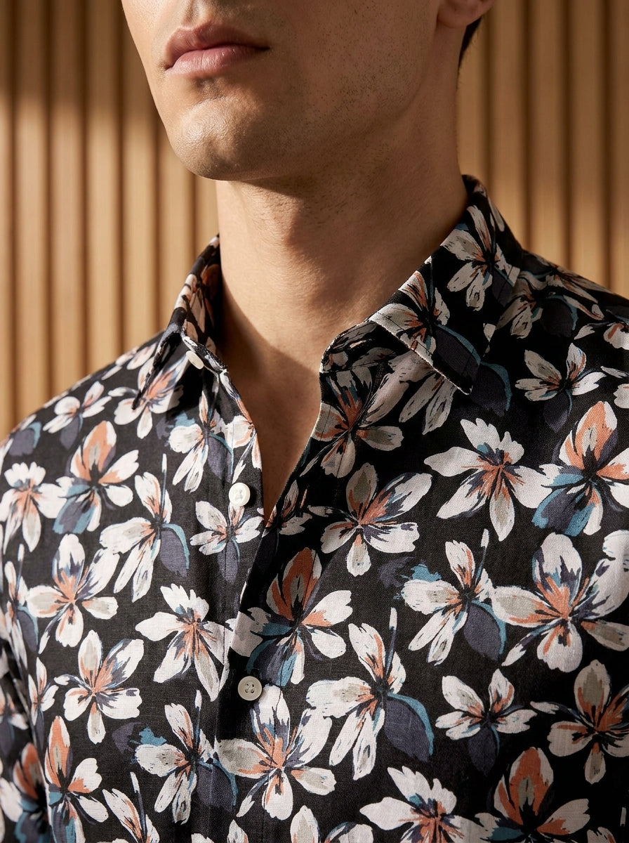 Black Flower  Printed Full Sleeve Shirt
