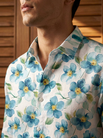 White Flower Printed Full Sleeve Shirt