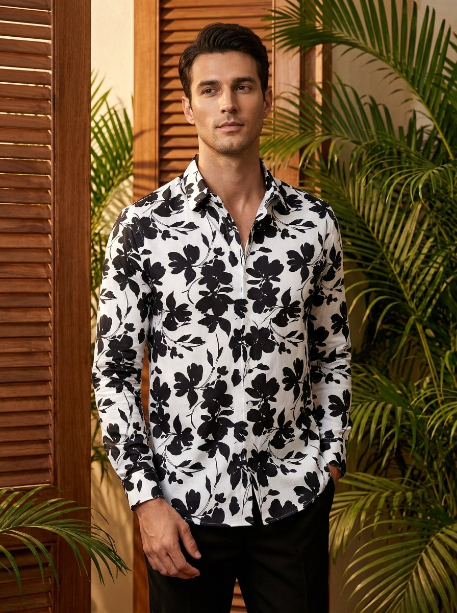Black Flower Printed Full Sleeve Shirt