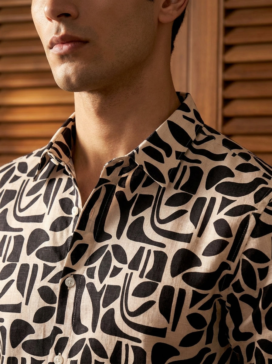 Cream And Black Printed Full Sleeve Shirt