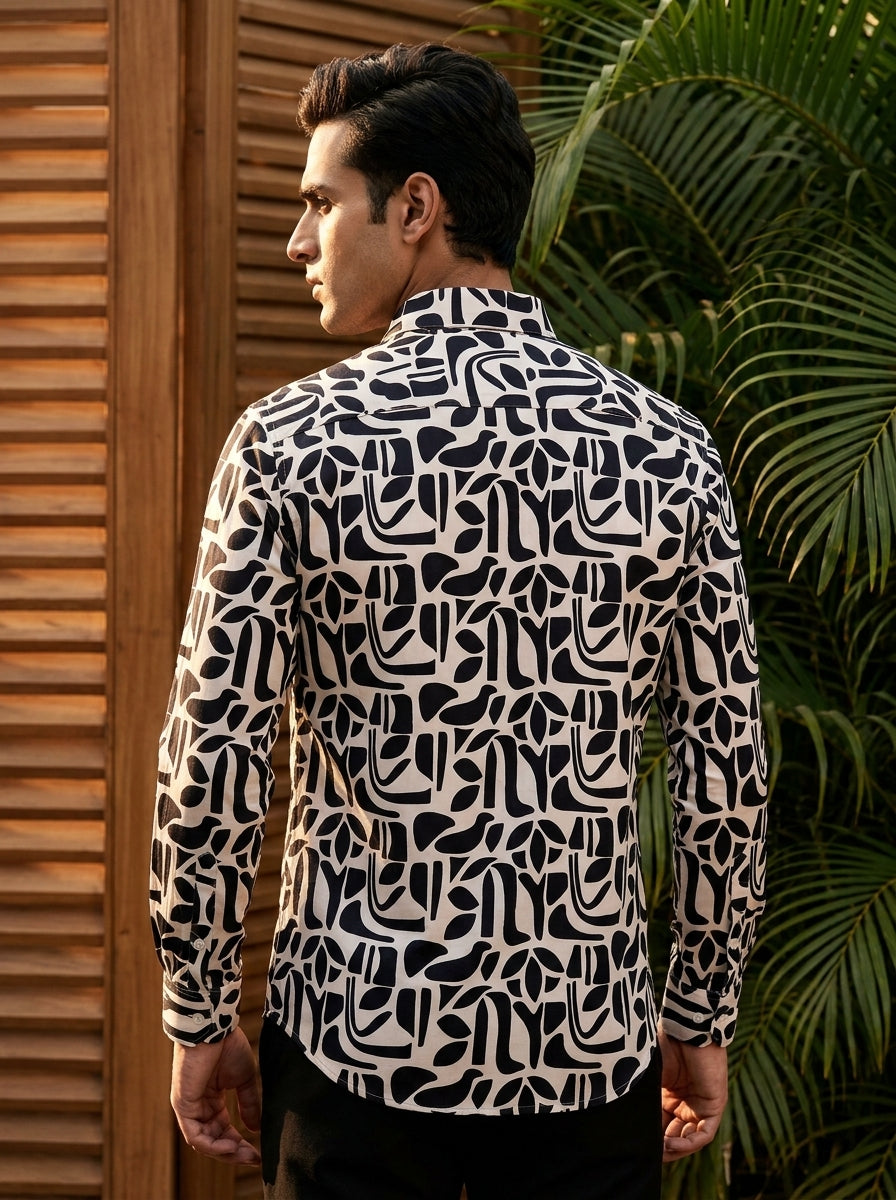 Cream And Black Printed Full Sleeve Shirt