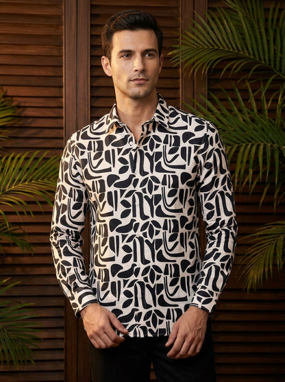 Cream And Black Printed Full Sleeve Shirt