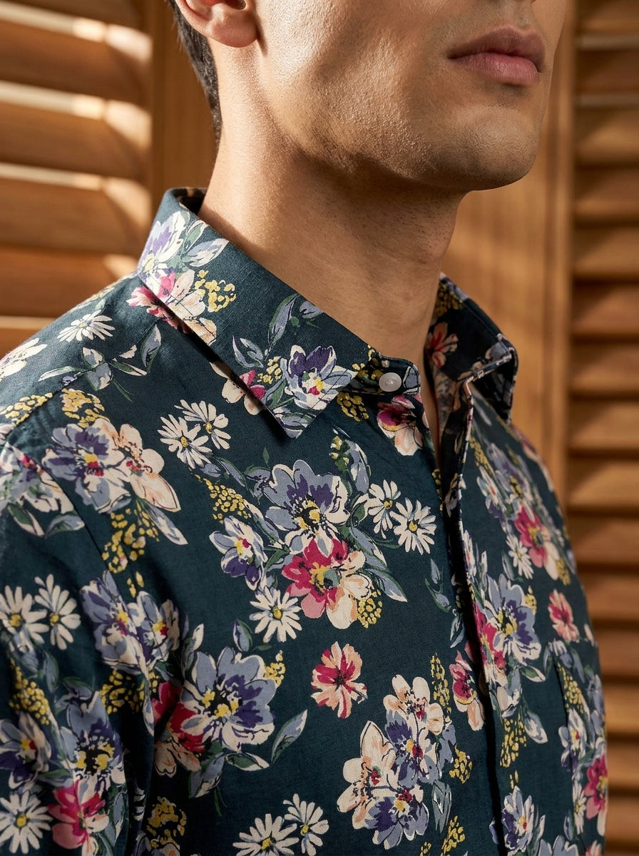 Green Flower Printed Full Sleeve Shirt