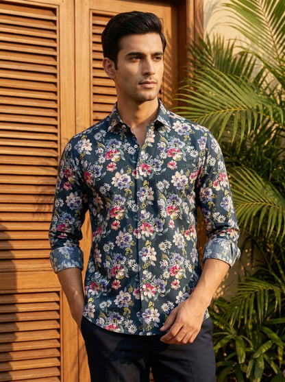 Green Flower Printed Full Sleeve Shirt