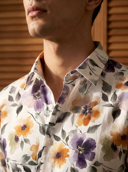 Off White Flower Printed Full Sleeve Shirt