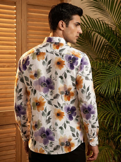 Off White Flower Printed Full Sleeve Shirt