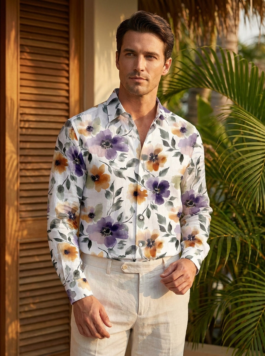Off White Flower Printed Full Sleeve Shirt