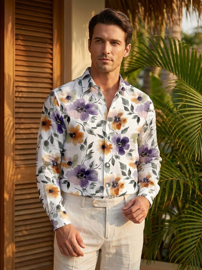 Off White Flower Printed Full Sleeve Shirt