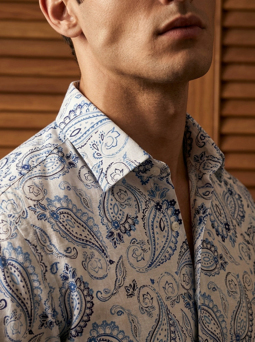 White And Sky Paisley Printed Full Sleeve Shirt