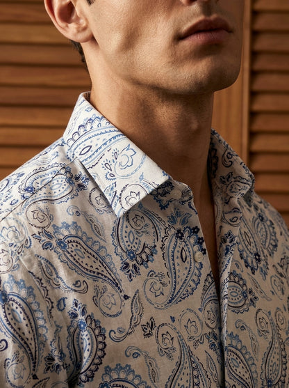 White And Sky Paisley Printed Full Sleeve Shirt