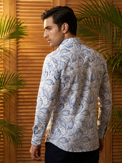 White And Sky Paisley Printed Full Sleeve Shirt