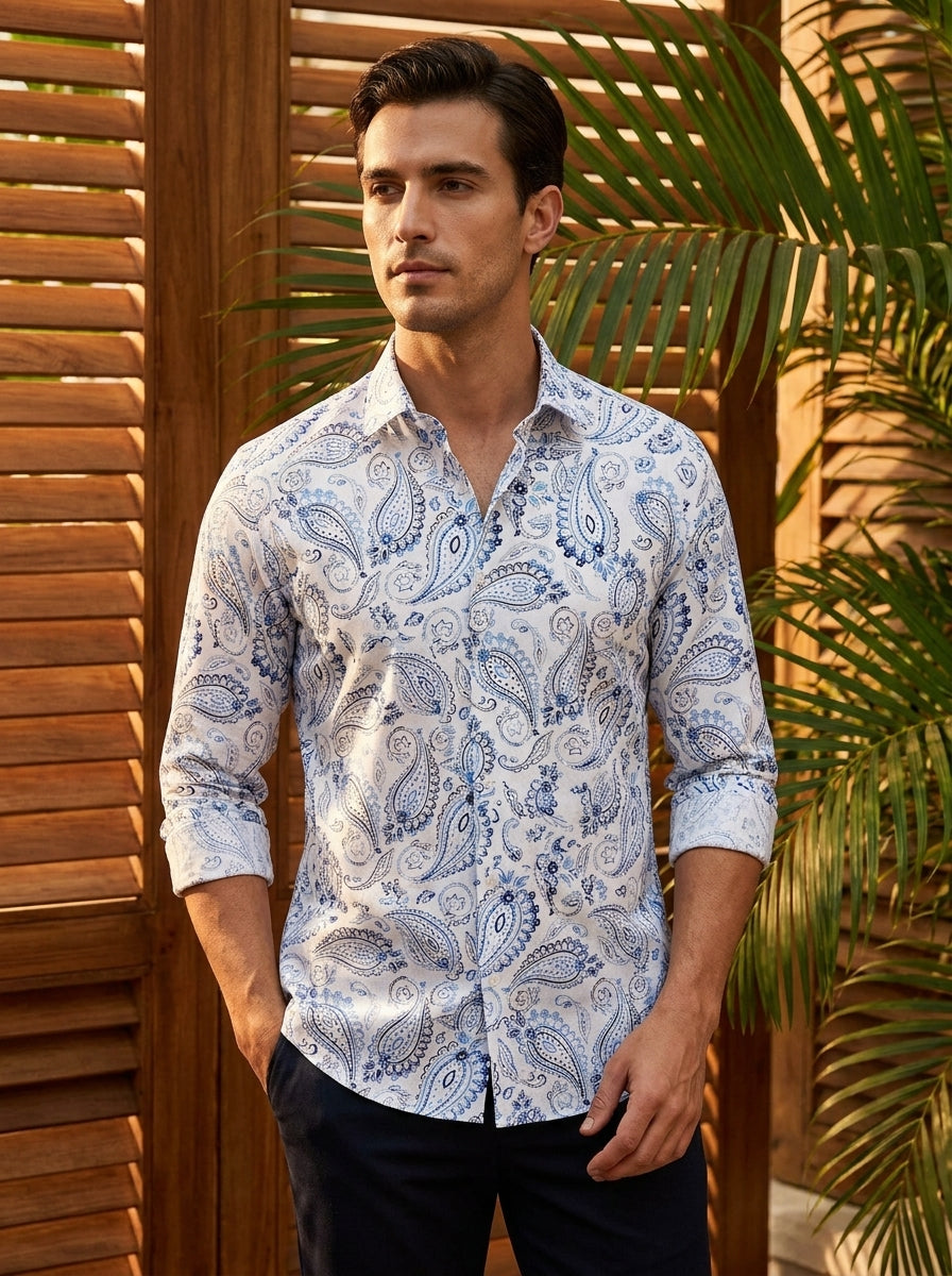 White And Sky Paisley Printed Full Sleeve Shirt